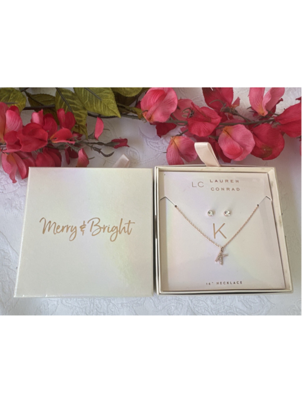 LC Lauren Conrad Initial K Goldtone Necklace Tiny Stud Earring Set Gift Box 16"
